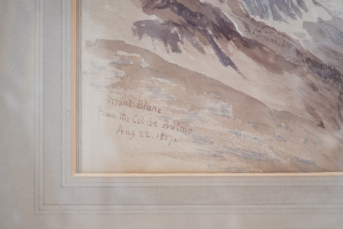 19th century School, 'Mont Blanc from the Col de Bulme', August 22, 1857, unsigned, watercolour, 24 x 36cm, ornate gilt frame
